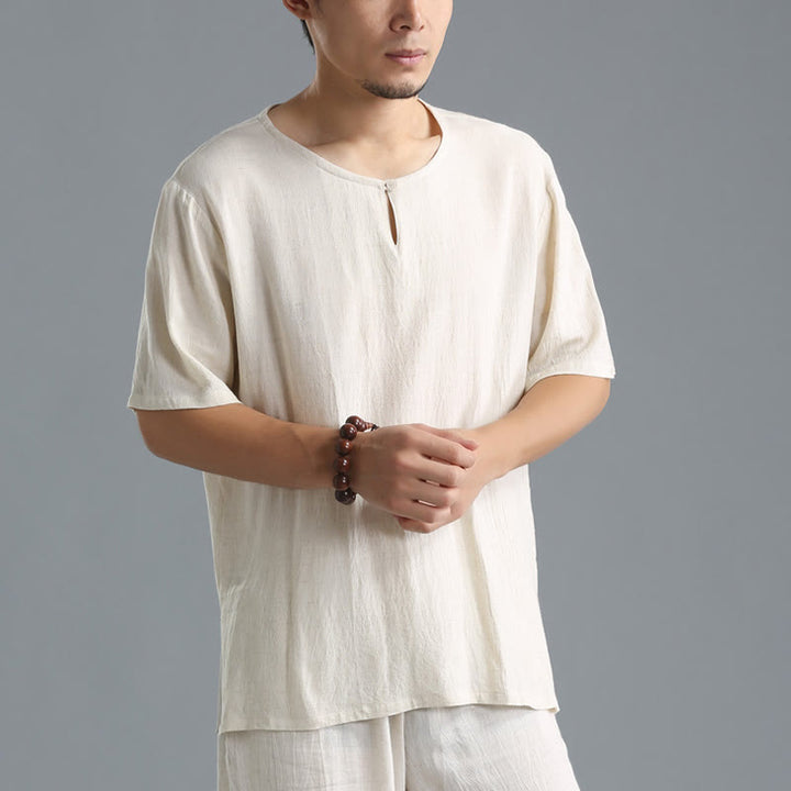 Chemise en coton et lin à manches courtes et col rond pour homme de couleur unie Buddha Stones