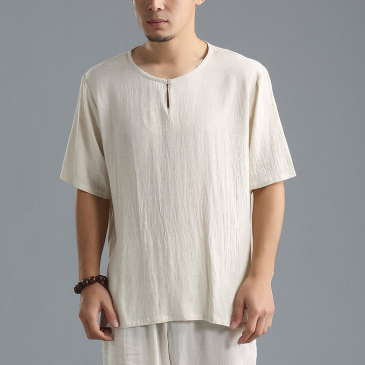 Chemise en coton et lin à manches courtes et col rond pour homme de couleur unie Buddha Stones