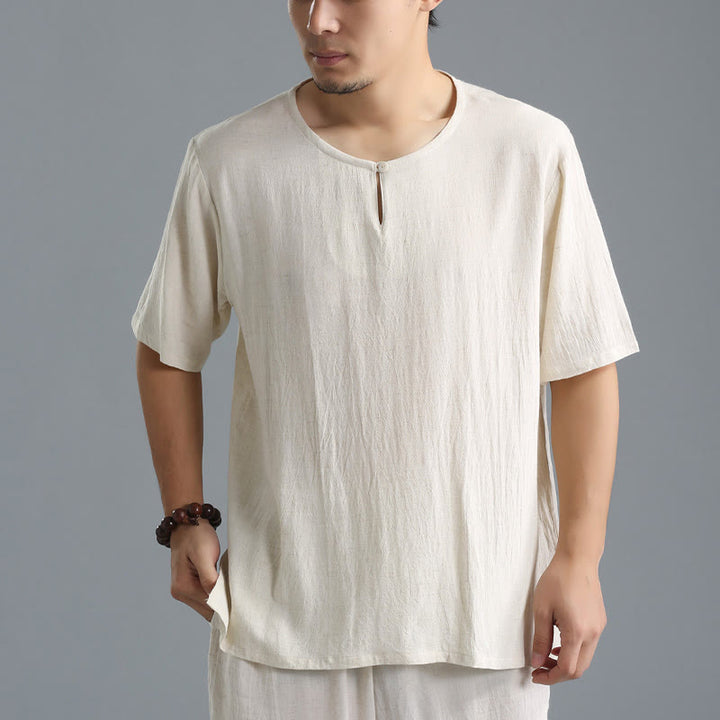 Chemise en coton et lin à manches courtes et col rond pour homme de couleur unie Buddha Stones