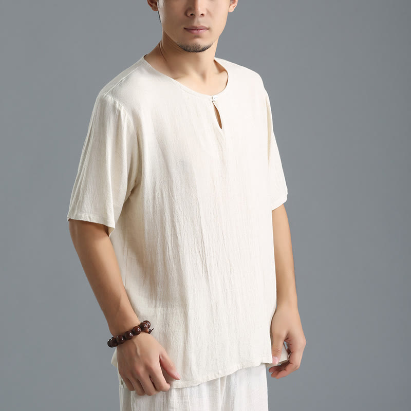 Chemise en coton et lin à manches courtes et col rond pour homme de couleur unie Buddha Stones