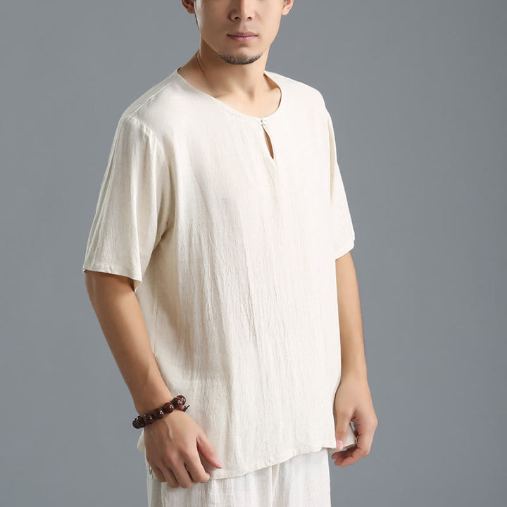 Chemise en coton et lin à manches courtes et col rond pour homme de couleur unie Buddha Stones