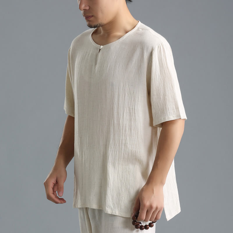 Chemise en coton et lin à manches courtes et col rond pour homme de couleur unie Buddha Stones
