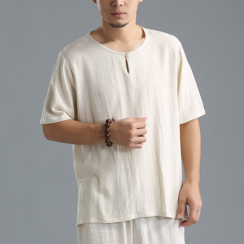 Chemise en coton et lin à manches courtes et col rond pour homme de couleur unie Buddha Stones