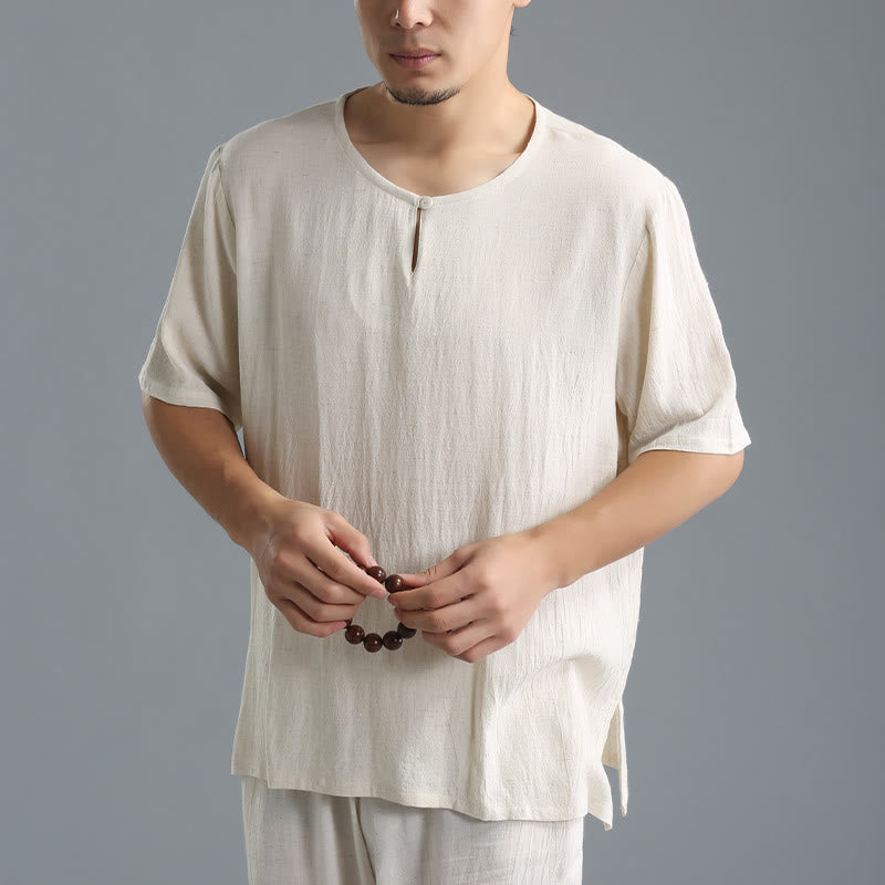 Chemise en coton et lin à manches courtes et col rond pour homme de couleur unie Buddha Stones