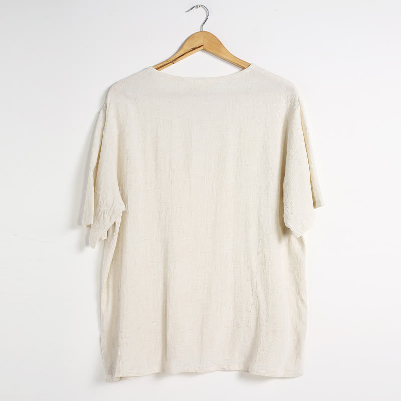 Chemise en coton et lin à manches courtes et col rond pour homme de couleur unie Buddha Stones