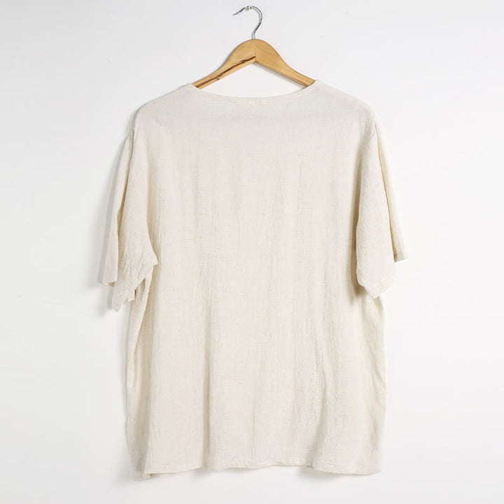 Chemise en coton et lin à manches courtes et col rond pour homme de couleur unie Buddha Stones