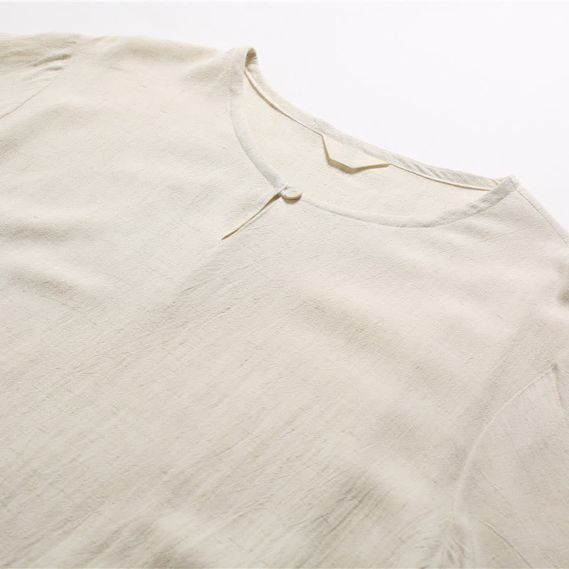 Chemise en coton et lin à manches courtes et col rond pour homme de couleur unie Buddha Stones