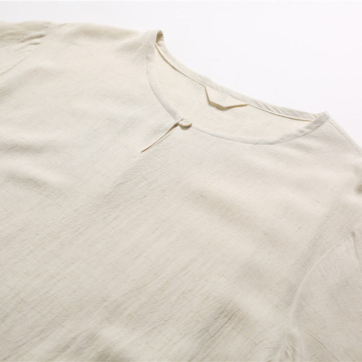 Chemise en coton et lin à manches courtes et col rond pour homme de couleur unie Buddha Stones