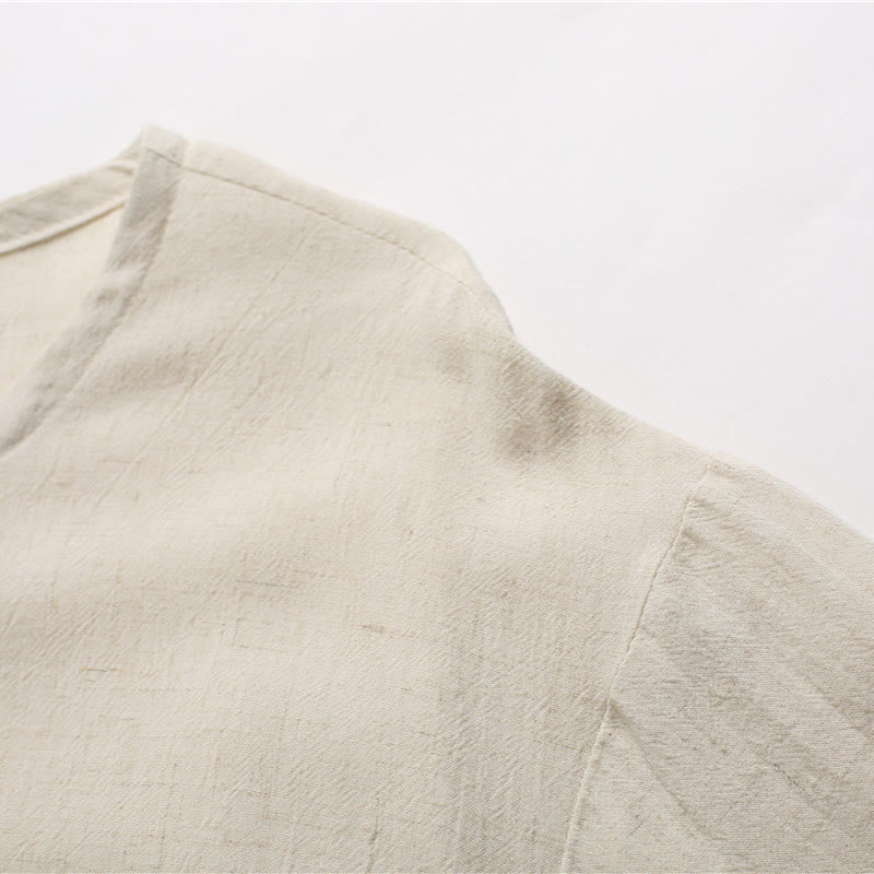 Chemise en coton et lin à manches courtes et col rond pour homme de couleur unie Buddha Stones