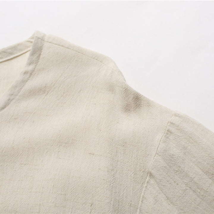 Chemise en coton et lin à manches courtes et col rond pour homme de couleur unie Buddha Stones