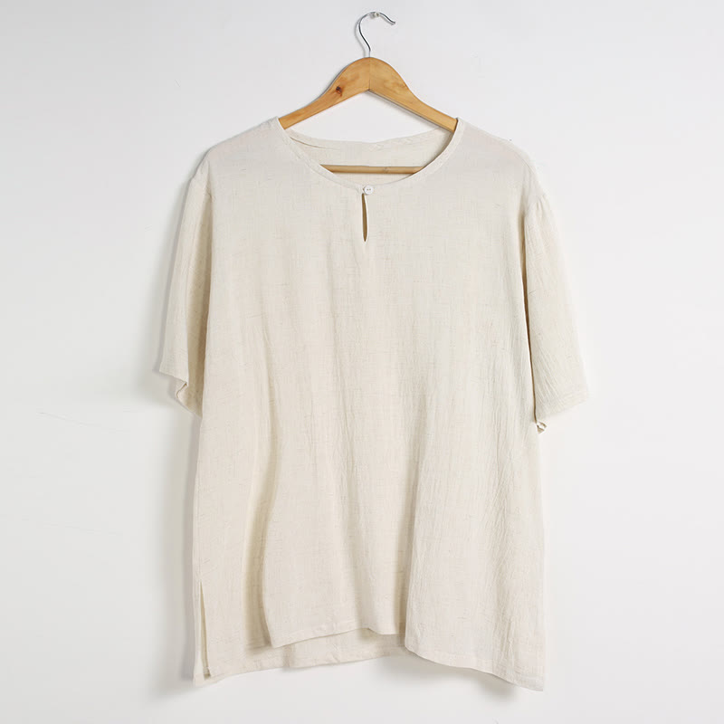 Chemise en coton et lin à manches courtes et col rond pour homme de couleur unie Buddha Stones