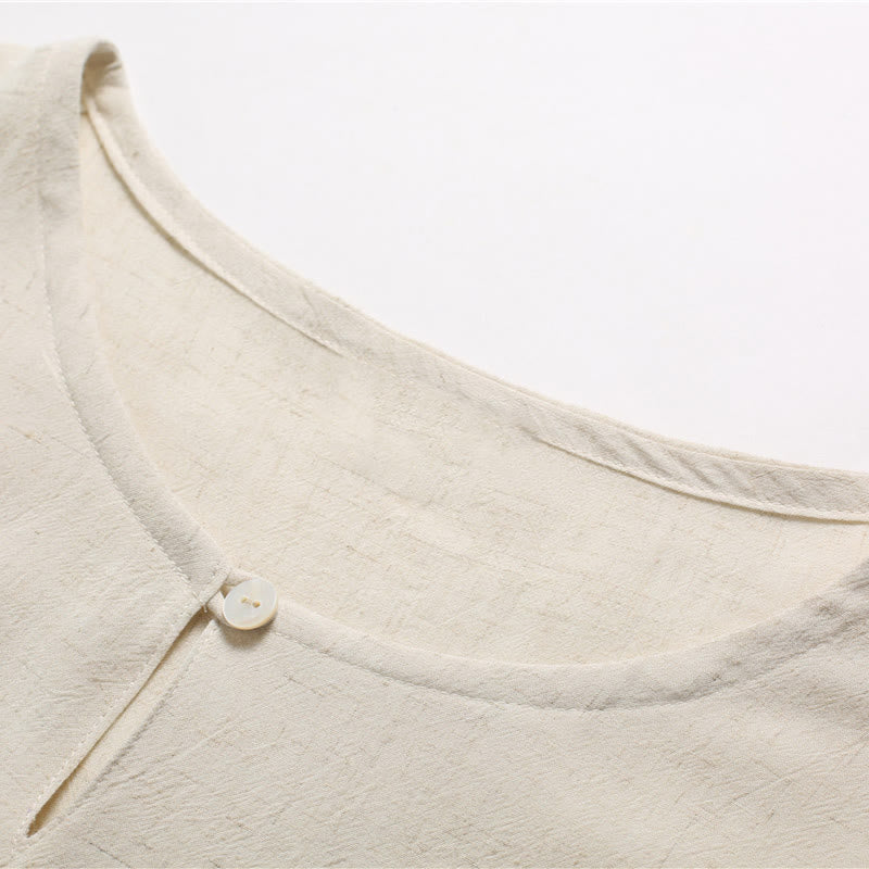 Chemise en coton et lin à manches courtes et col rond pour homme de couleur unie Buddha Stones