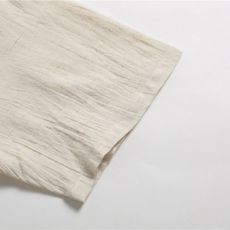 Chemise en coton et lin à manches courtes et col rond pour homme de couleur unie Buddha Stones