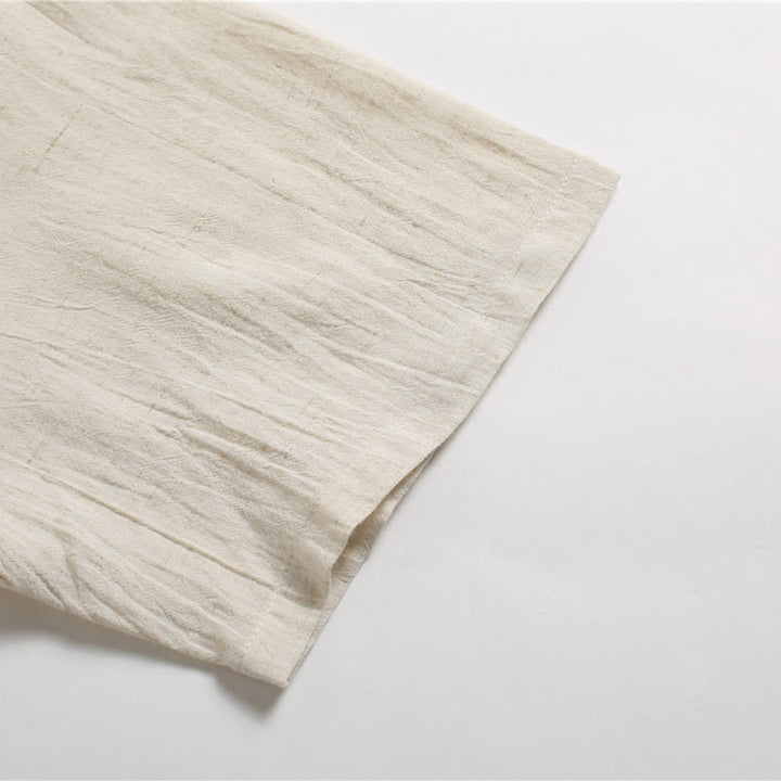 Chemise en coton et lin à manches courtes et col rond pour homme de couleur unie Buddha Stones