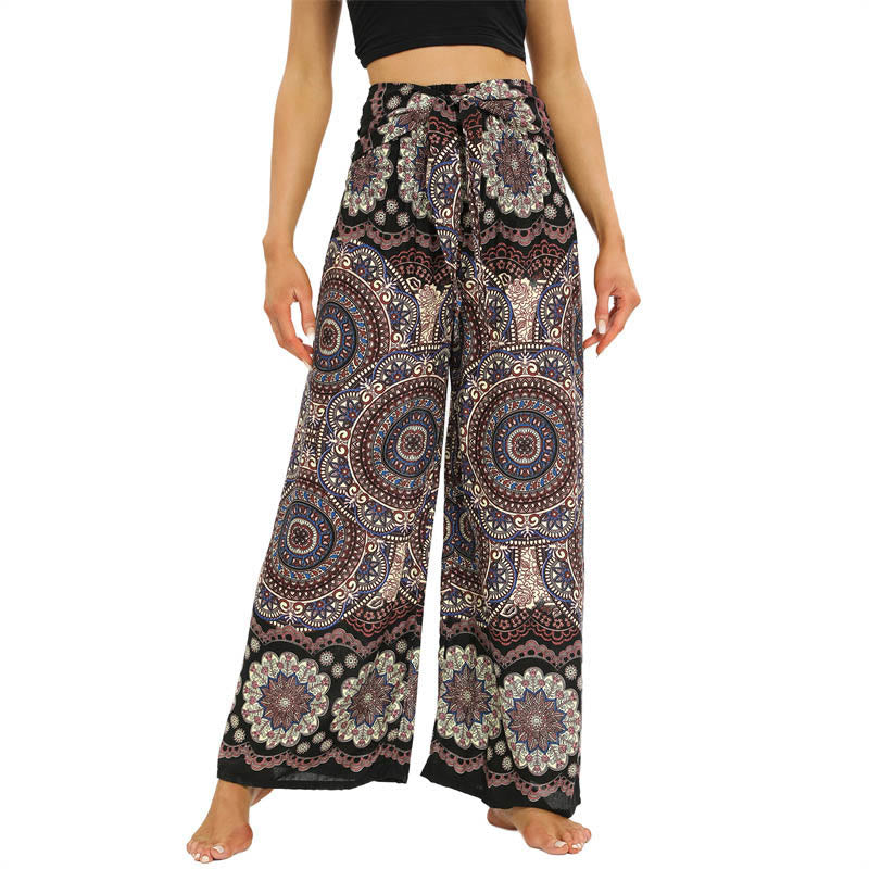 Pantalon large à lacets avec imprimé mandala bohème Buddha Stones Pantalon de yoga pour femme - Tanné - US2-12，UK/AU6-16，EU34-44 (F) - image 1