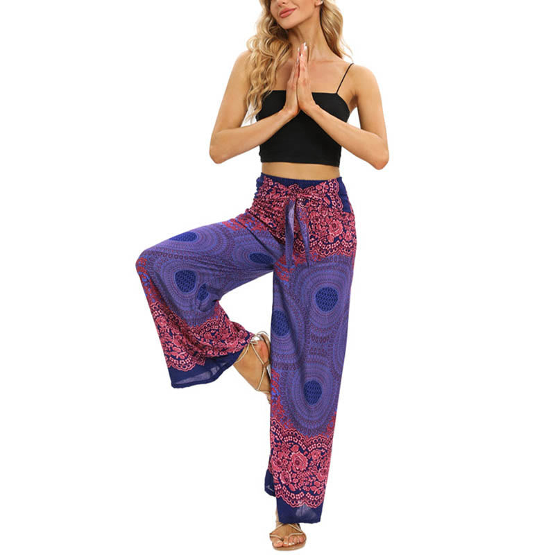 Pantalon large à lacets avec imprimé floral et boussole de style bohème avec Buddha Stones Pantalon de yoga pour femme - image 10