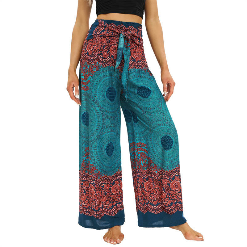 Pantalon large à lacets avec imprimé floral et boussole de style bohème avec Buddha Stones Pantalon de yoga pour femme - Aigue-marine moyenne - US2-12，UK/AU6-16，EU34-44 (F) - image 1