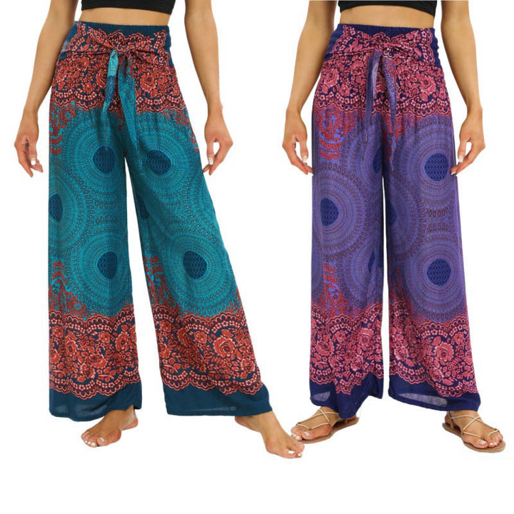 Pantalon large à lacets avec imprimé floral et boussole de style bohème avec Buddha Stones Pantalon de yoga pour femme - image 0