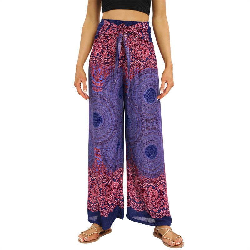 Pantalon large à lacets avec imprimé floral et boussole de style bohème avec Buddha Stones Pantalon de yoga pour femme - Bleu ardoise moyen - US2-12，UK/AU6-16，EU34-44 (F) - image 7