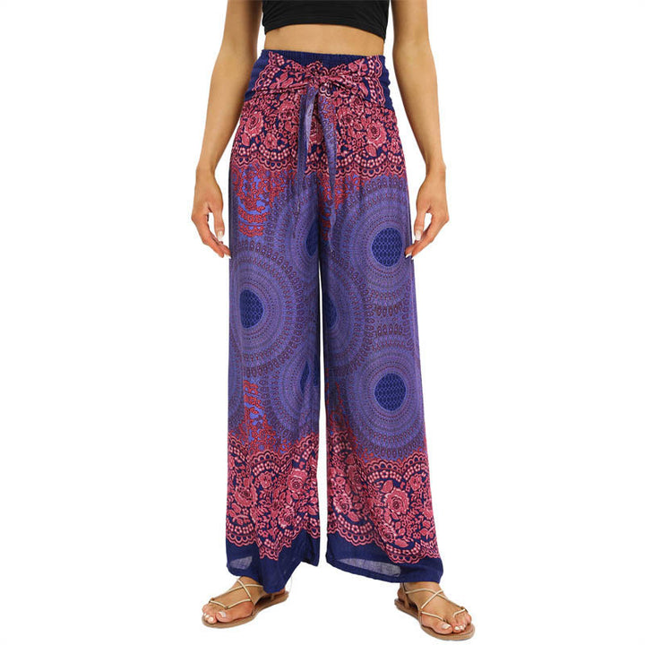 Pantalon large à lacets avec imprimé floral et boussole de style bohème avec Buddha Stones Pantalon de yoga pour femme - Bleu ardoise moyen - US2-12，UK/AU6-16，EU34-44 (F) - image 7