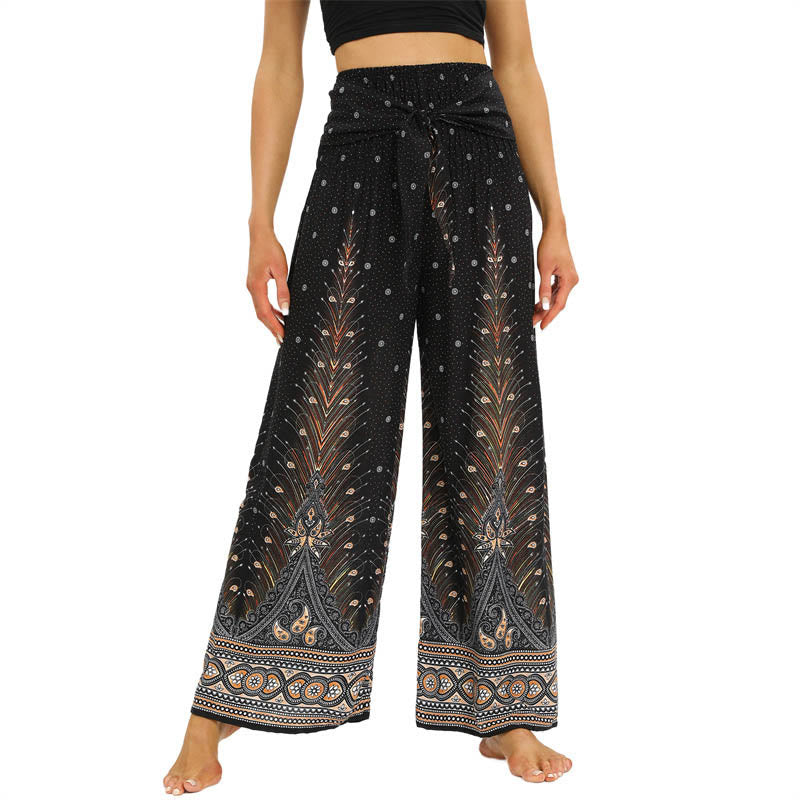 Pantalon large à lacets avec plumes de paon et pierres de Buddha Stones Pantalon de yoga pour femme - Terre de sienne - US2-12，UK/AU6-16，EU34-44 (F) - image 1