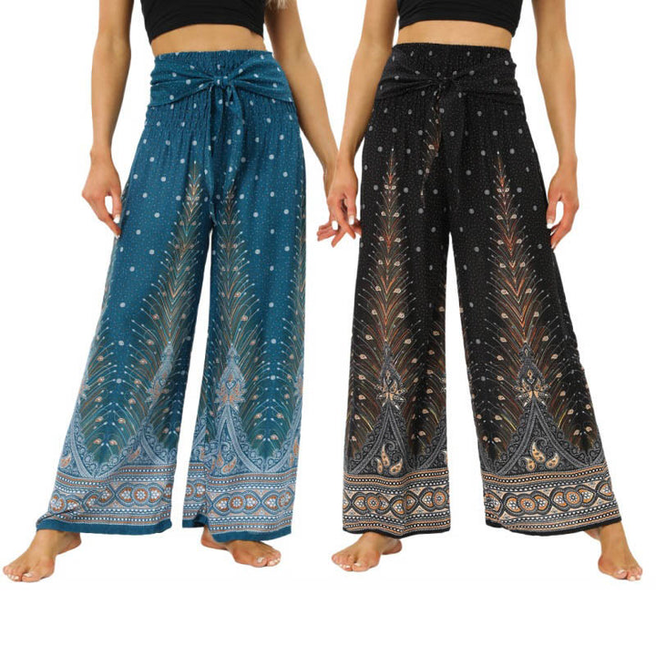 Pantalon large à lacets avec plumes de paon et pierres de Buddha Stones Pantalon de yoga pour femme - image 0