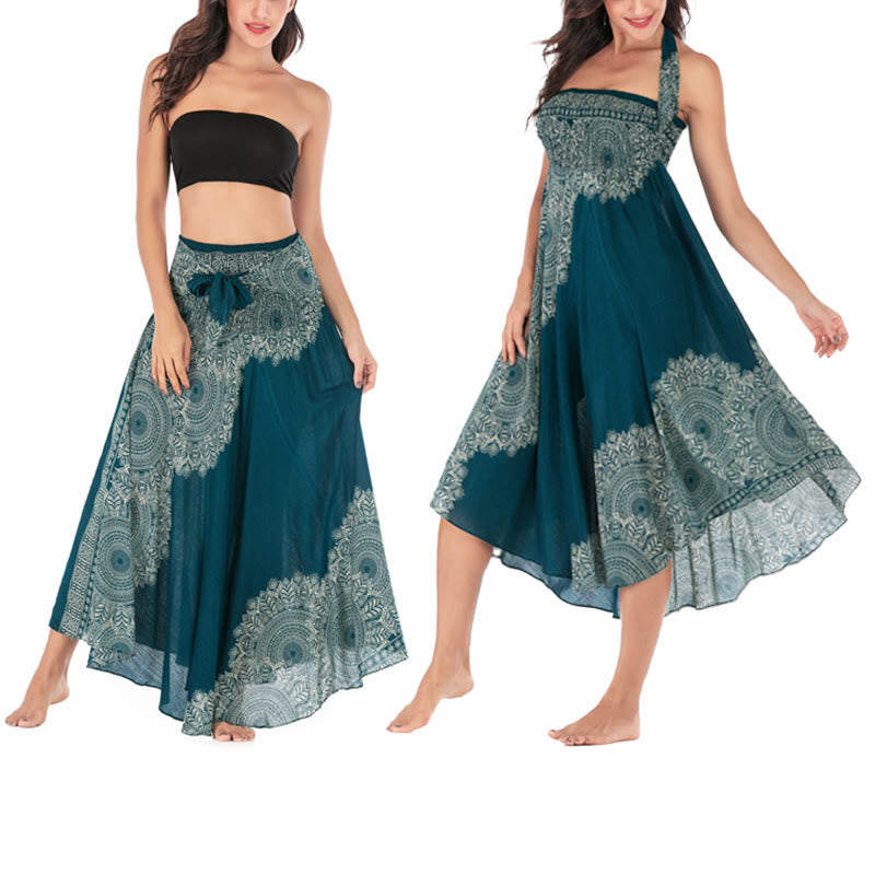 Robe jupe de plage style bohème à fleurs mandala avec Buddha Stones et deux styles - Turquoise foncé - US4-12，UK/AU8-16，EU36-44 (F) - image 0