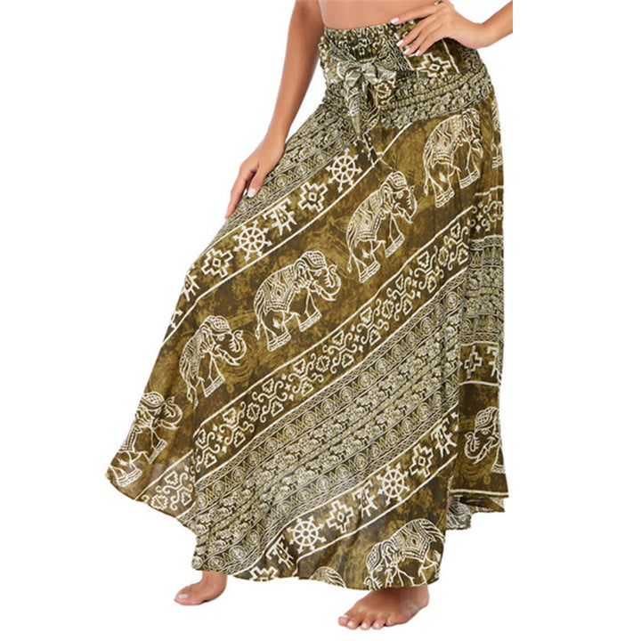 Robe jupe à lacets style bohème à imprimé éléphant et géométrie Buddha Stones Two Style Wear - OliveDrab - US4-12, UK/AU8-16, EU36-44 (F) - image 32