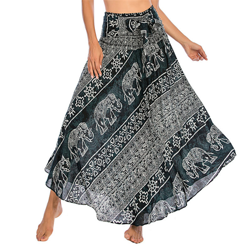 Robe jupe à lacets style bohème à imprimé éléphant et géométrie Buddha Stones Two Style Wear - Noir - US4-12, UK/AU8-16, EU36-44 (F) - image 0