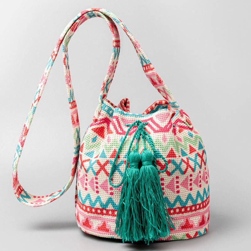 Sac à bandoulière en toile avec imprimé fleurs et Buddha Stones colorées