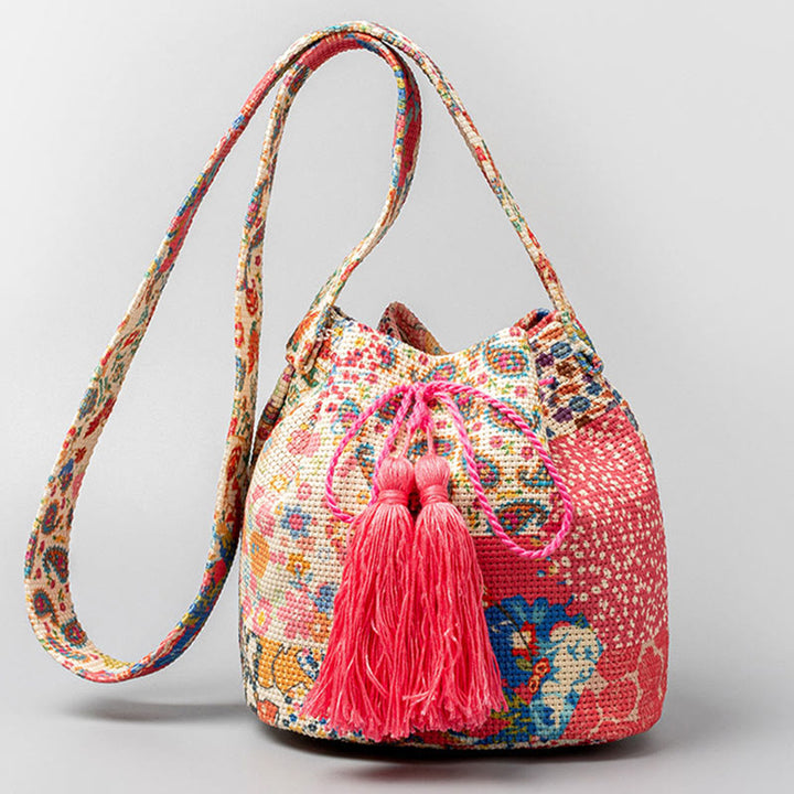 Sac à bandoulière en toile avec imprimé fleurs et Buddha Stones colorées