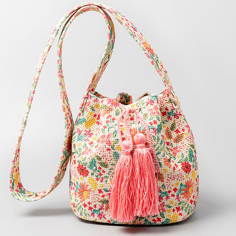 Sac à bandoulière en toile avec imprimé fleurs et Buddha Stones colorées