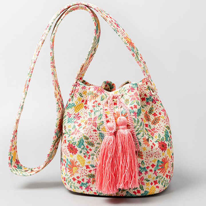 Sac à bandoulière en toile avec imprimé fleurs et Buddha Stones colorées