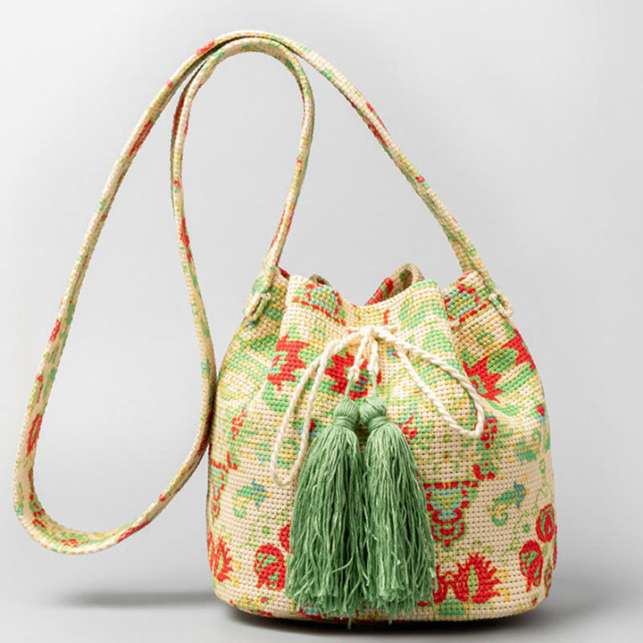 Sac à bandoulière en toile avec imprimé fleurs et Buddha Stones colorées
