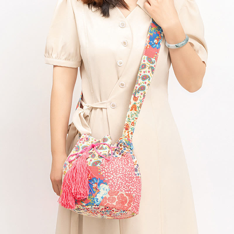Sac à bandoulière en toile avec imprimé fleurs et Buddha Stones colorées