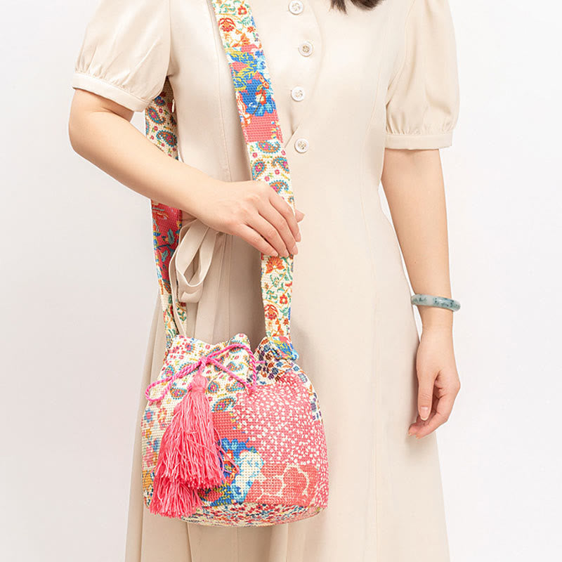 Sac à bandoulière en toile avec imprimé fleurs et Buddha Stones colorées