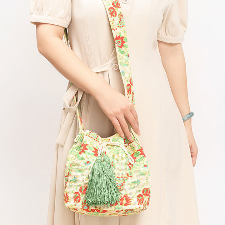 Sac à bandoulière en toile avec imprimé fleurs et Buddha Stones colorées