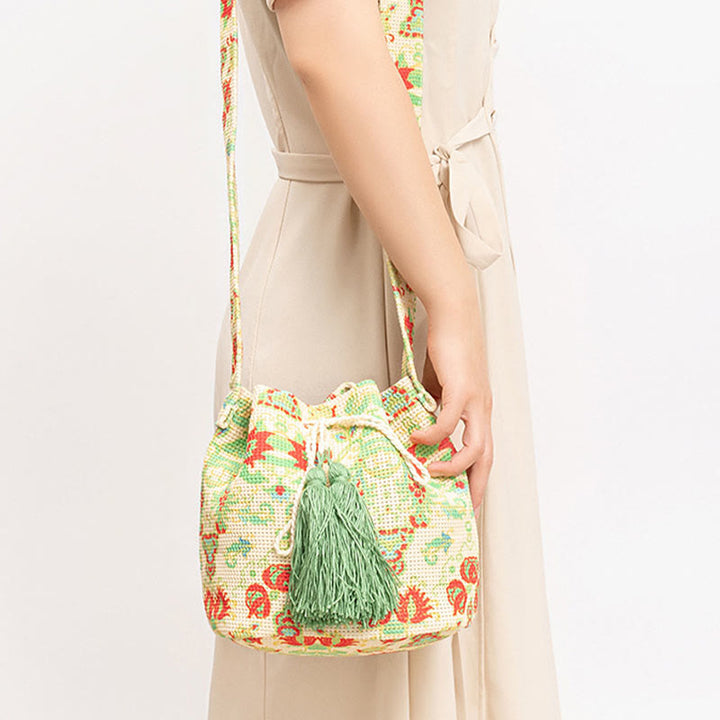 Sac à bandoulière en toile avec imprimé fleurs et Buddha Stones colorées