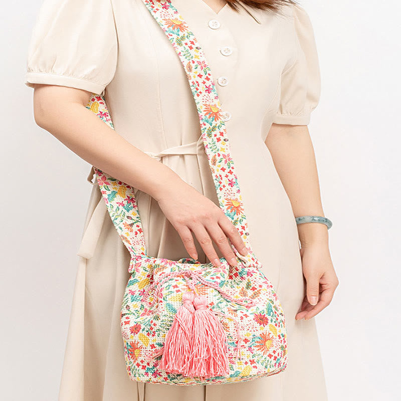 Sac à bandoulière en toile avec imprimé fleurs et Buddha Stones colorées