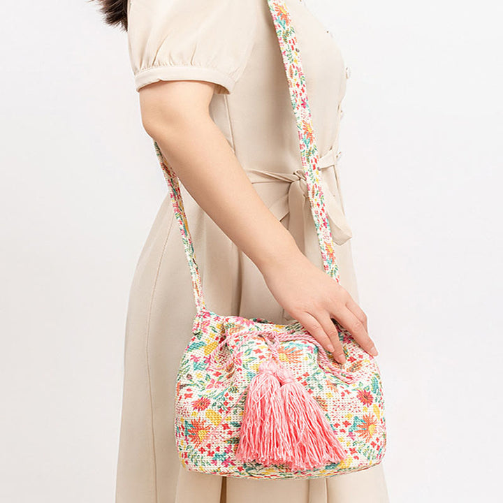 Sac à bandoulière en toile avec imprimé fleurs et Buddha Stones colorées