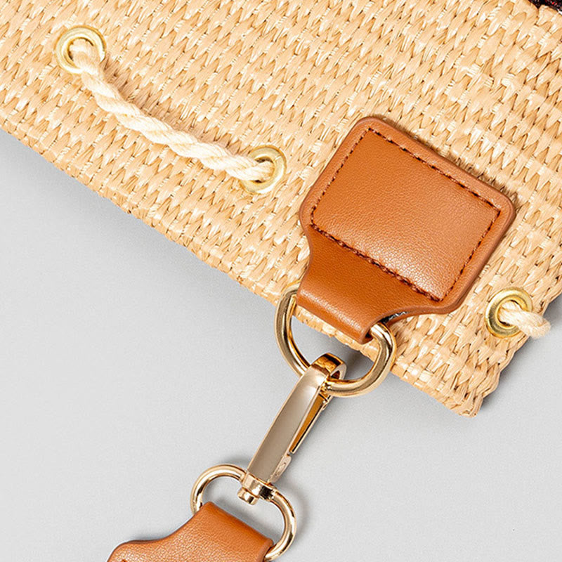 Sac à bandoulière en paille tissée avec pompons et Buddha Stones