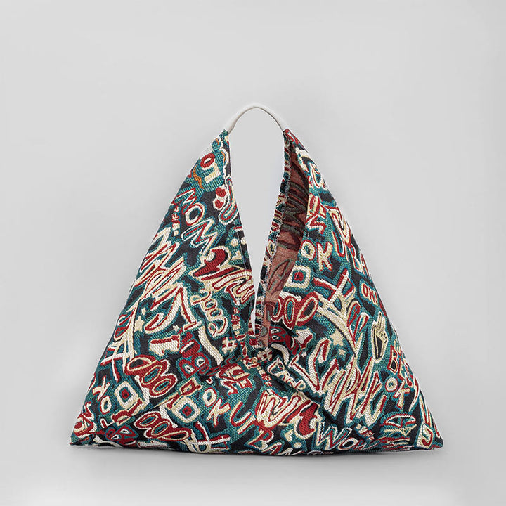 Sac à bandoulière triangulaire à imprimé géométrique avec Buddha Stones, fleurs, lettres, papillons