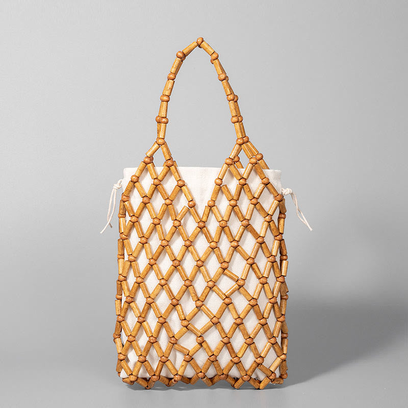 Sac à main en perles creuses en bois tissées à la main avec Buddha Stones