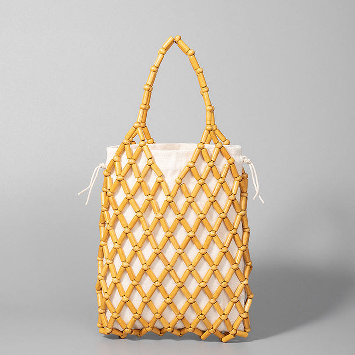 Sac à main en perles creuses en bois tissées à la main avec Buddha Stones