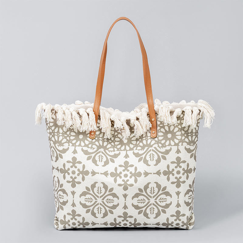 Sac fourre-tout en toile à imprimé géométrique bohème de grande capacité avec Buddha Stones