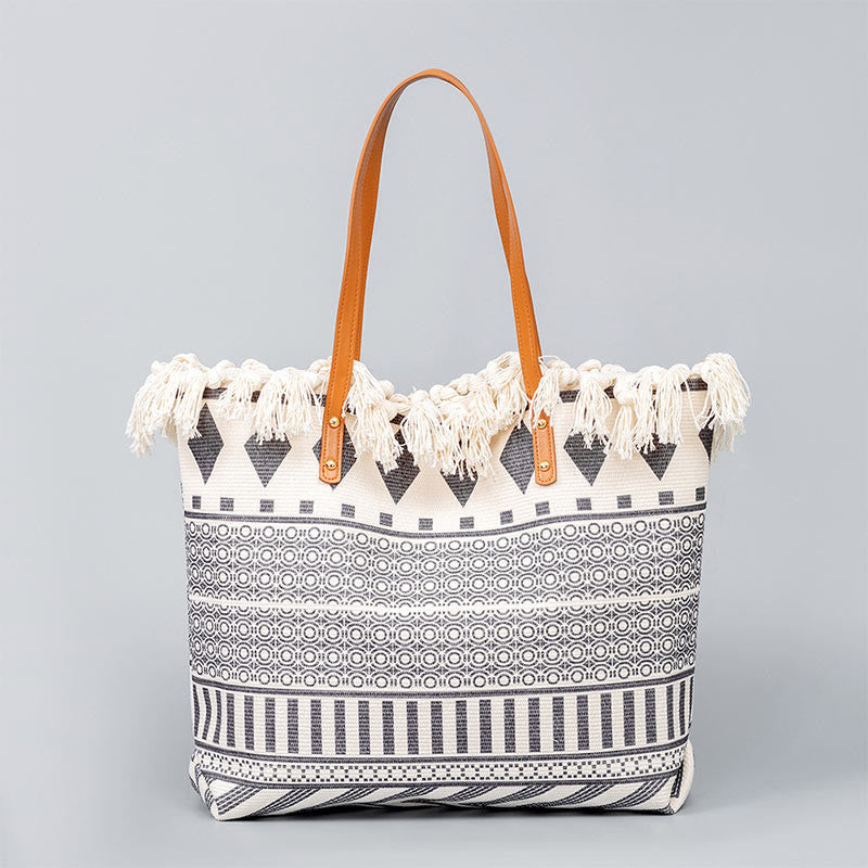 Sac fourre-tout en toile à imprimé géométrique bohème de grande capacité avec Buddha Stones