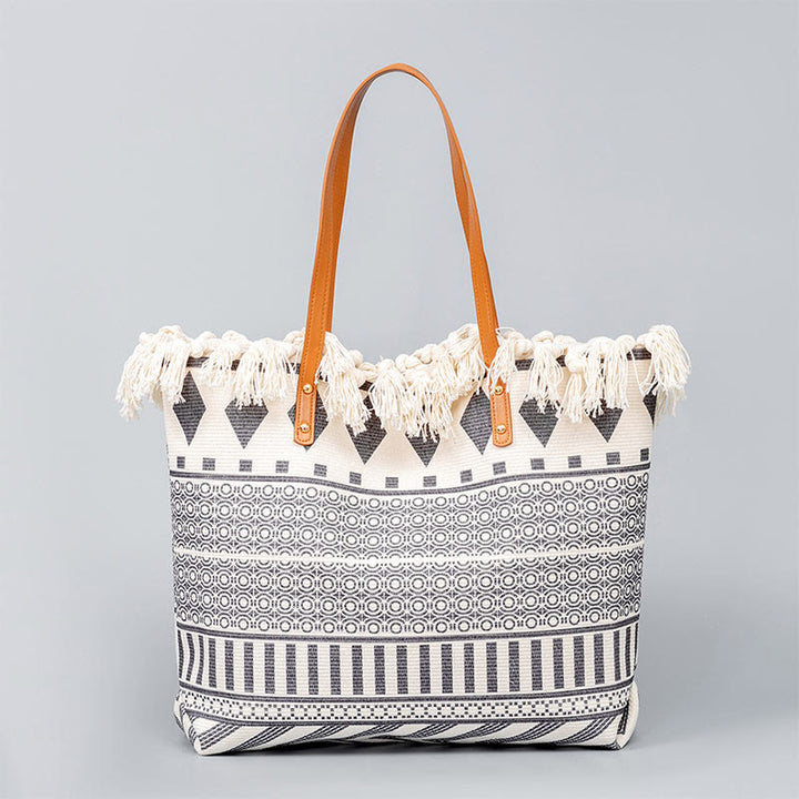 Sac fourre-tout en toile à imprimé géométrique bohème de grande capacité avec Buddha Stones