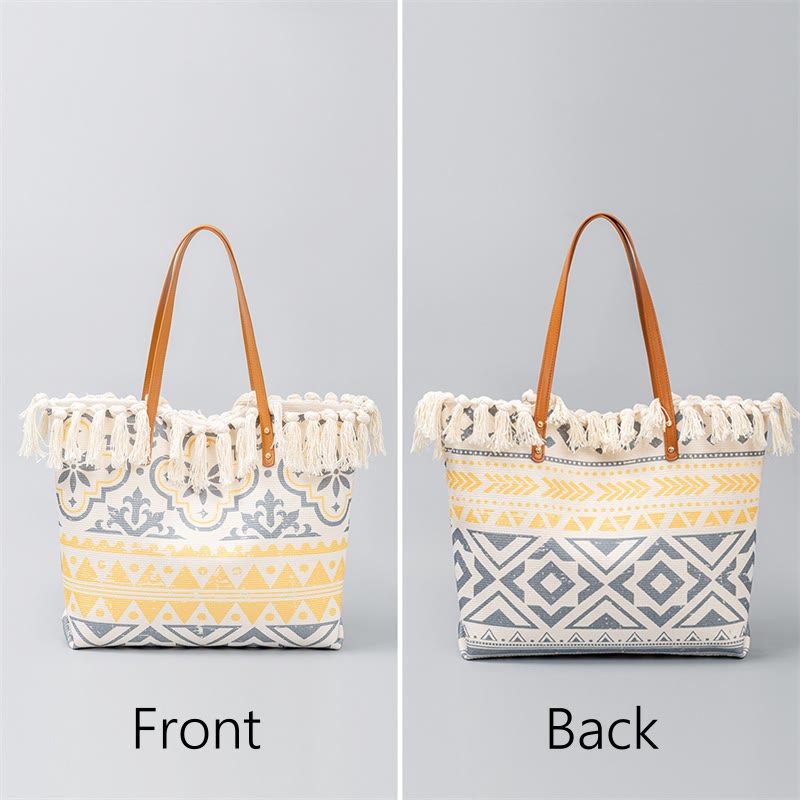 Sac fourre-tout en toile à imprimé géométrique bohème de grande capacité avec Buddha Stones