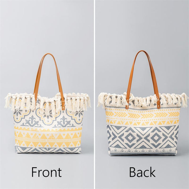 Sac fourre-tout en toile à imprimé géométrique bohème de grande capacité avec Buddha Stones