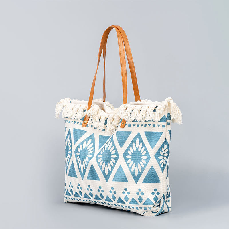 Sac fourre-tout en toile à imprimé géométrique bohème de grande capacité avec Buddha Stones